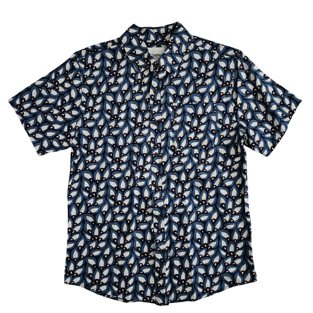 Katin (Mens Medium) Hawaiian Shirt Button Up‎ Blue Floral Short Sleeve Colorful